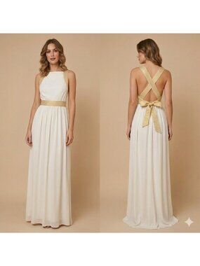 Vintage 70s Lillie Rubin White Gold Halter Cross Back Disco Maxi Dress Size XS